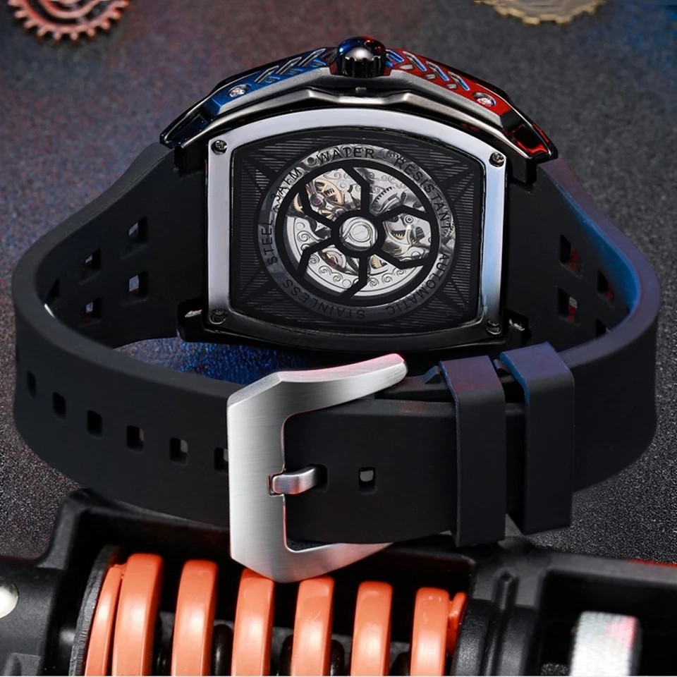 Mens scheletro orologio automatico meccanico Tonneau design cinturino in pelle nera, Cassa in oro rosa cinturino in silicone arancione
