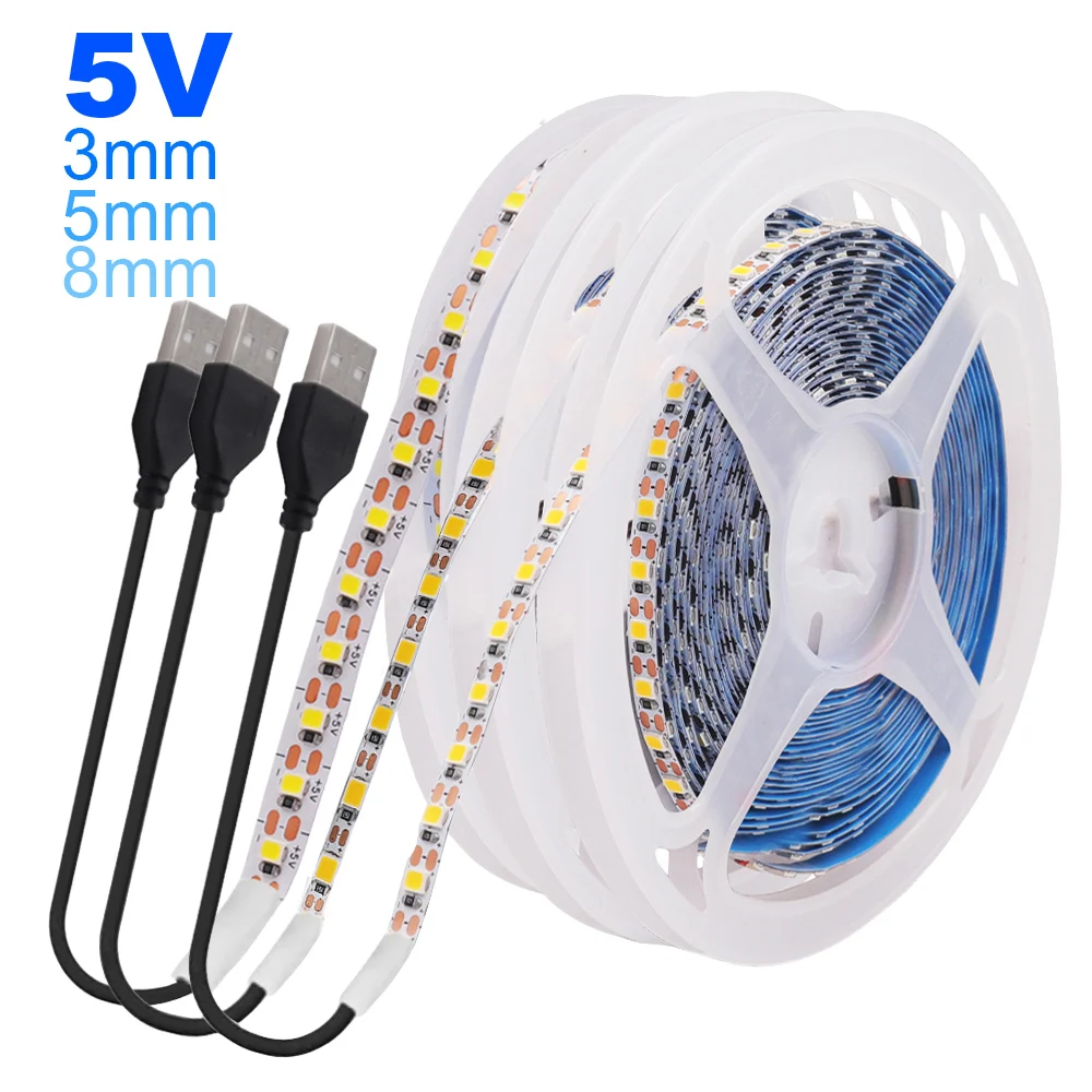 

5V USB 2835 LED Strip Light Thin 3mm 5mm 8mm PCB 120 LEDs Flexible Tape Lamp Warm Natural Cold White 0.5m 1m 2m 5m Home Decor