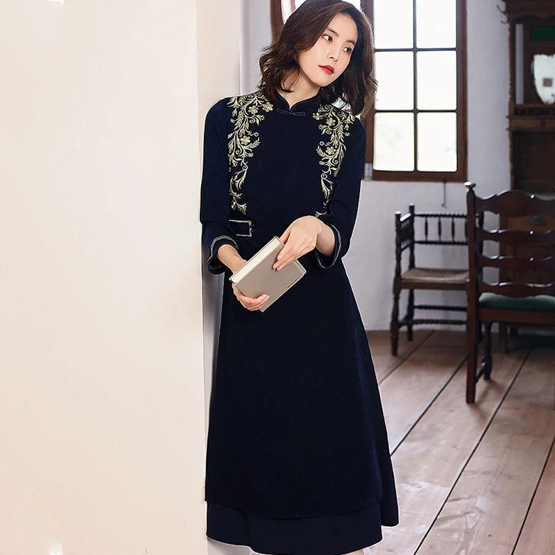

Autumn And Winter New Female Palace Embroidery Slim Chinese Style Elegant Cheongsam Lady Christmas Party Dress S-XXL