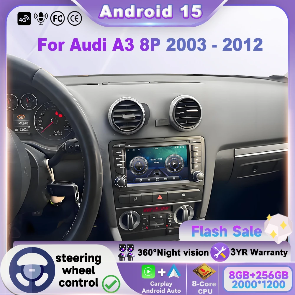 Radio para Auto Android 15 de 7'' para Audi A3 8P 2003 2004 2005 2006-2012, Reproductor Multimedia con GPS, Android Auto, Carplay Inalámbrico y Pantalla Táctil 1