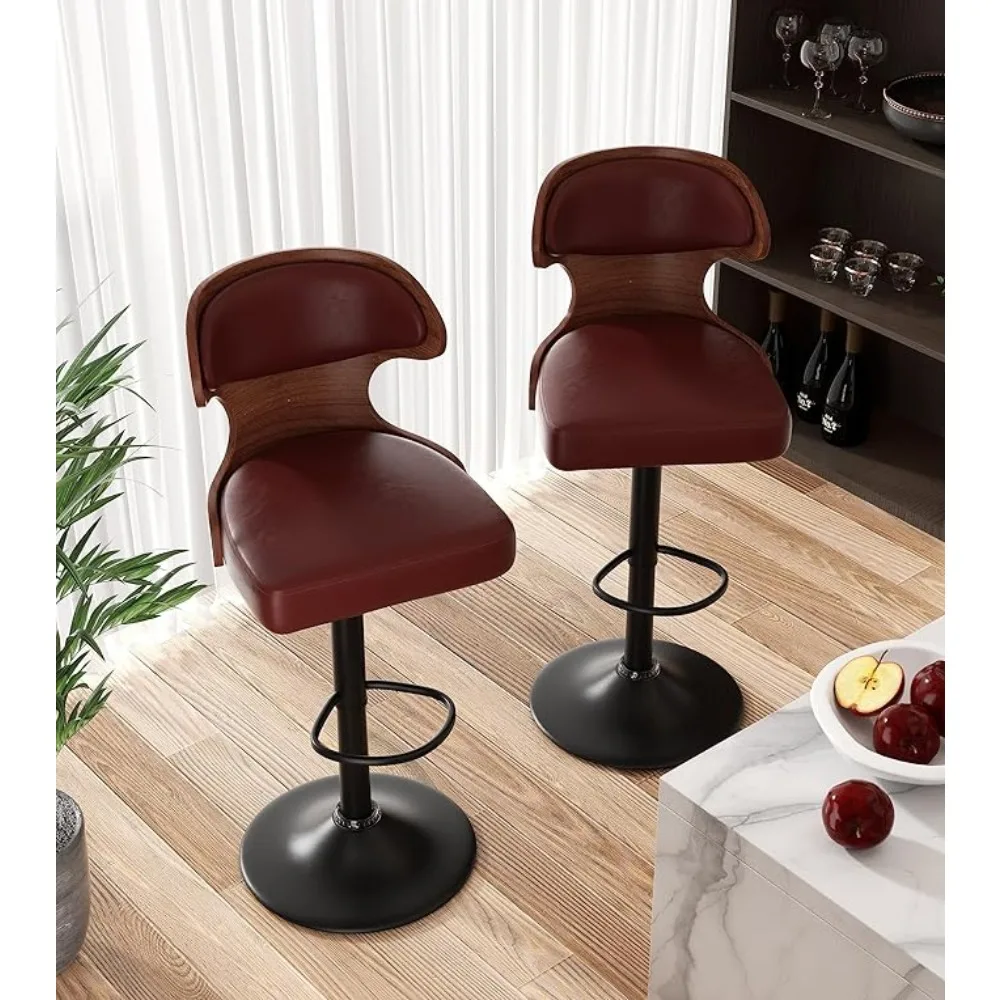 Set of 2 Seat Adjustable Height 24.5-33.5IN Bentwood Swivel Barstools with Back & Footrest-PU Leather Upholstered Bar Chair, bar chairs