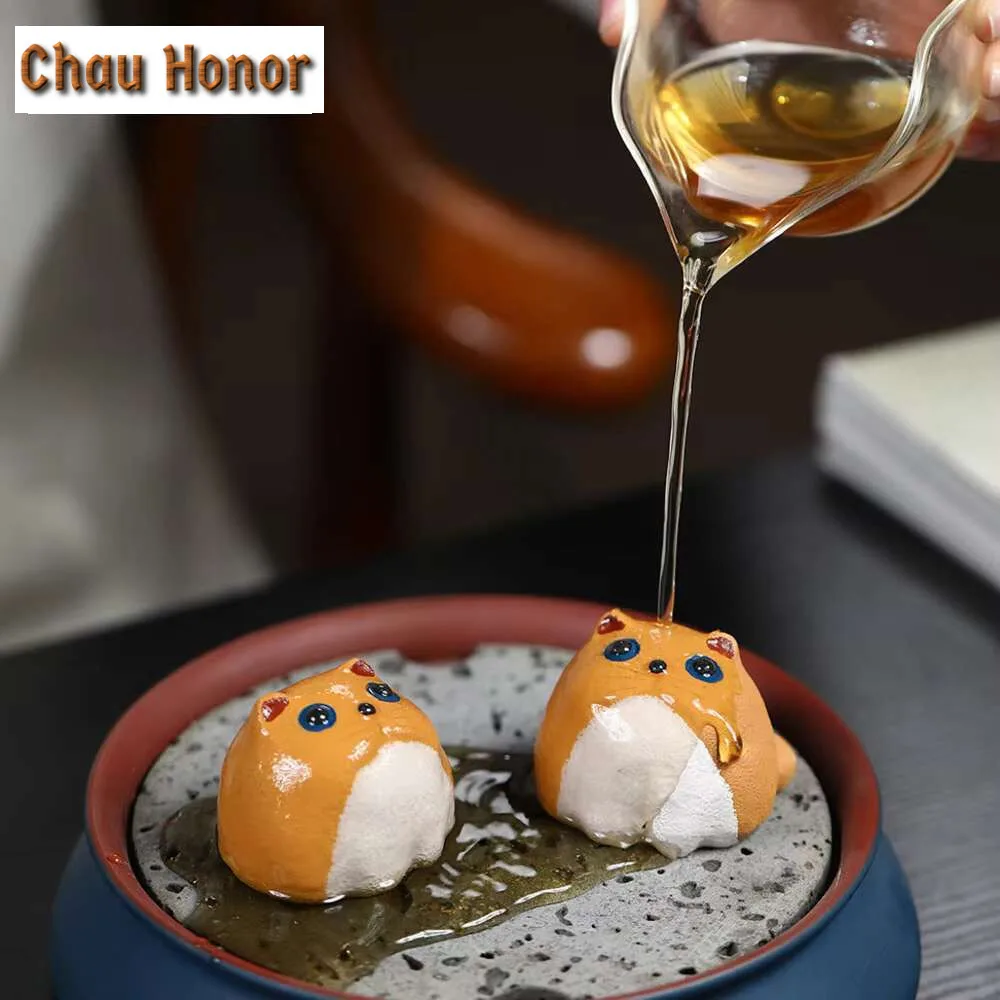 Boutique Handmade Purple Clay Tea Pet Ornaments Lucky Golden Cat Statue Cute Animal Tea Figurine Teaware Decoration Accessories