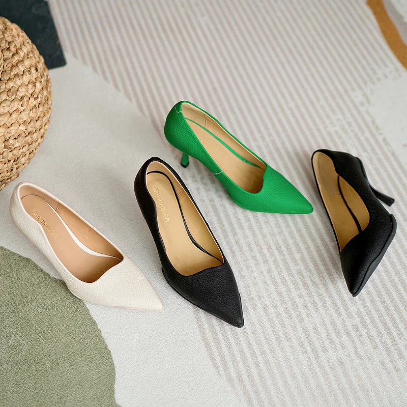 

2024 Spring and autumn new women's leather high heels Luxury quality party ball shoes Black fashion leather shoes