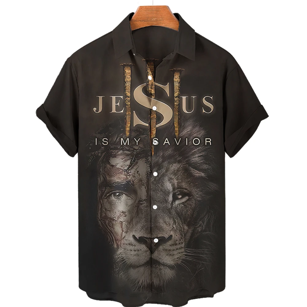 thumbnail image 1 of Camisetas gráficas de Jesucristo para hombres, ropa con estampado 3D, camisas hawaianas de playa, camisetas de manga corta Y2K, ropa vintage, blusa con solapa, 1 of 5