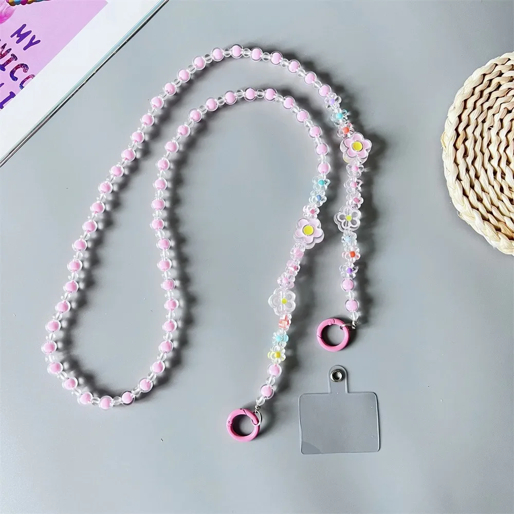 Long Crossbody Mobile Phone Lanyard with Small Flower Bead Pendant