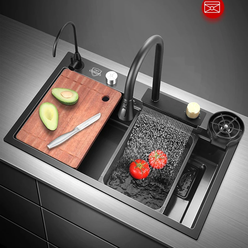 

Nano 304 Stainless Steel Kitchen Sink Dish Washing Basin Feiyu Waterfall Sinks Household Sink Basin Under The Table Single Slot