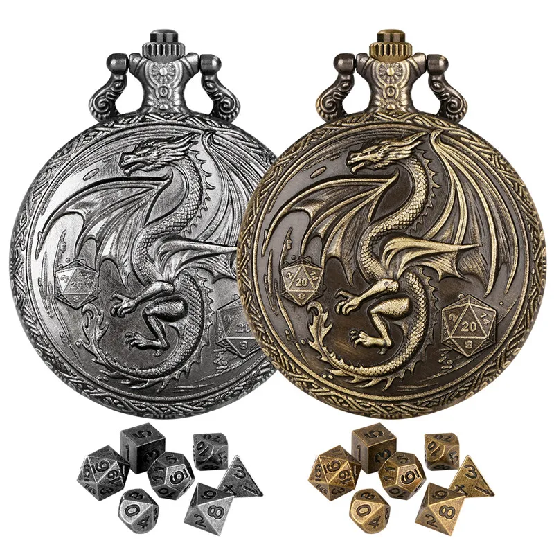 Bronze-Drachenflügel mit D20-Würfel, Taschenuhrengehäuse, Fob-Kette mit 7 Stück/Set, Mini-Metall, polyedrische Würfel, RPG-Tischbrettspiel – Detail 2