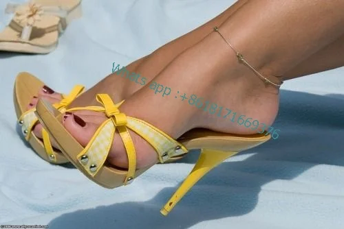 

Dress Sexy Open Toe Bowknot Thin High Heel Slides Yellow Women Outdoor Elegant Sandals Lady Fashion Shoes Sandalias Mujer Verano