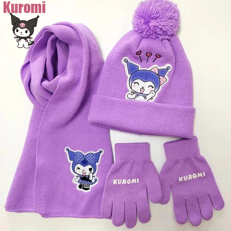 

Sanrio Kuromi Kawaii Cartoon Children's Winter Cute Warm Students Thickening New Anime Girls Scarf Gloves Hat Three-piece Set