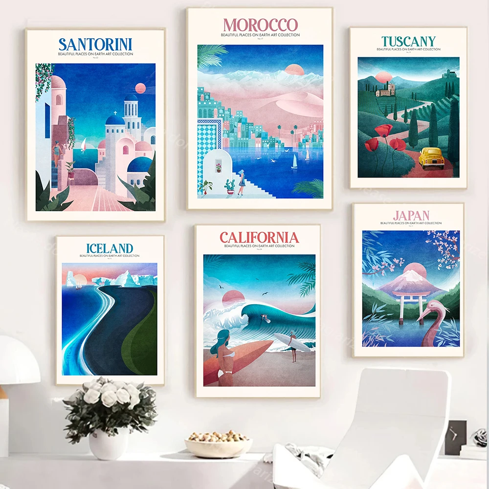 

Anime City Travel Poster Santorini Japan Morocco California Canvas Painting Nordic Prints Wall Art Picture for Living Room Decor