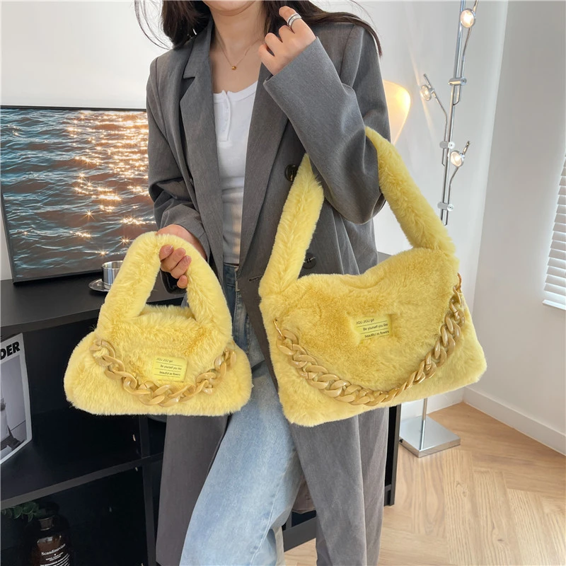 

Модная дизайнерская женская сумочка из искусственного меха с акриловой цепочкой, пушистая и мягкая плюшевая маленькая сумка-тоут, Зимняя женская сумка-шоппер на плечо