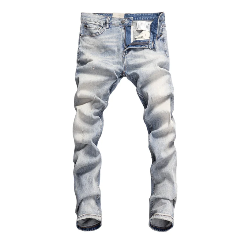 Newly Designer Fashion Men Jeans Retro Light Blue Elastic Slim Fit Ripped Jeans Men Stretch Trousers Vintage Denim Pants Hombre