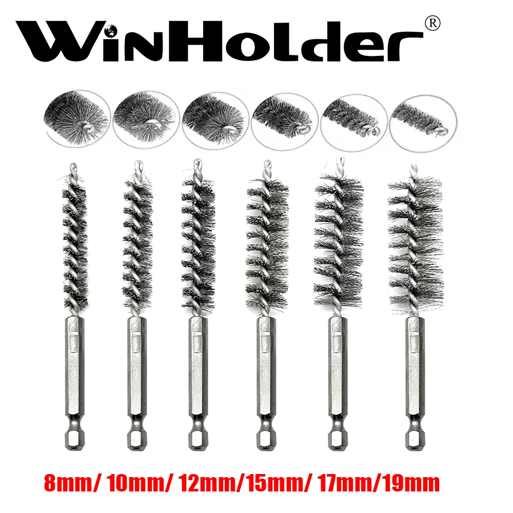 6Pcs Stainless Steel Cleaning Brush Set 1/4" Hex Bar Twisted Wire Hole Brush for Power Drill Impact Driver(8/10/12/15/17/19 mm)