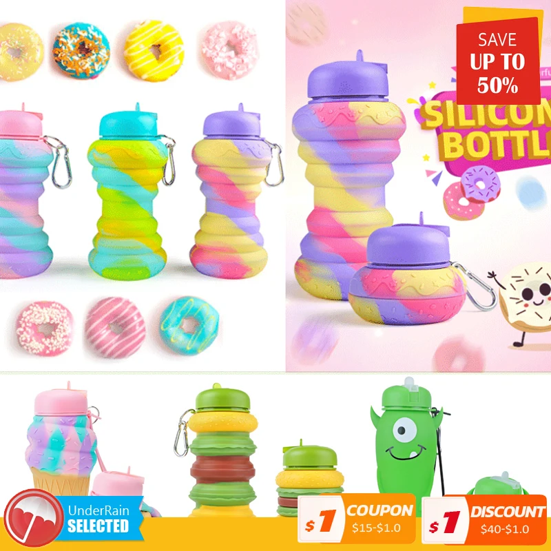 

Fold Water Bottle Leakproof Portable Donut Burger Ice Cream Silica Gel Kettle Travel Office School Kids Water Bottle Gift