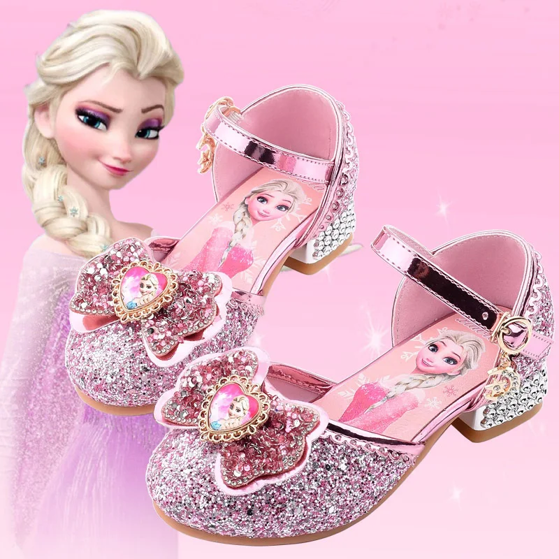 Disney Frozen Elsa Kids High Heels Shoes For Girls Cartoon Leather