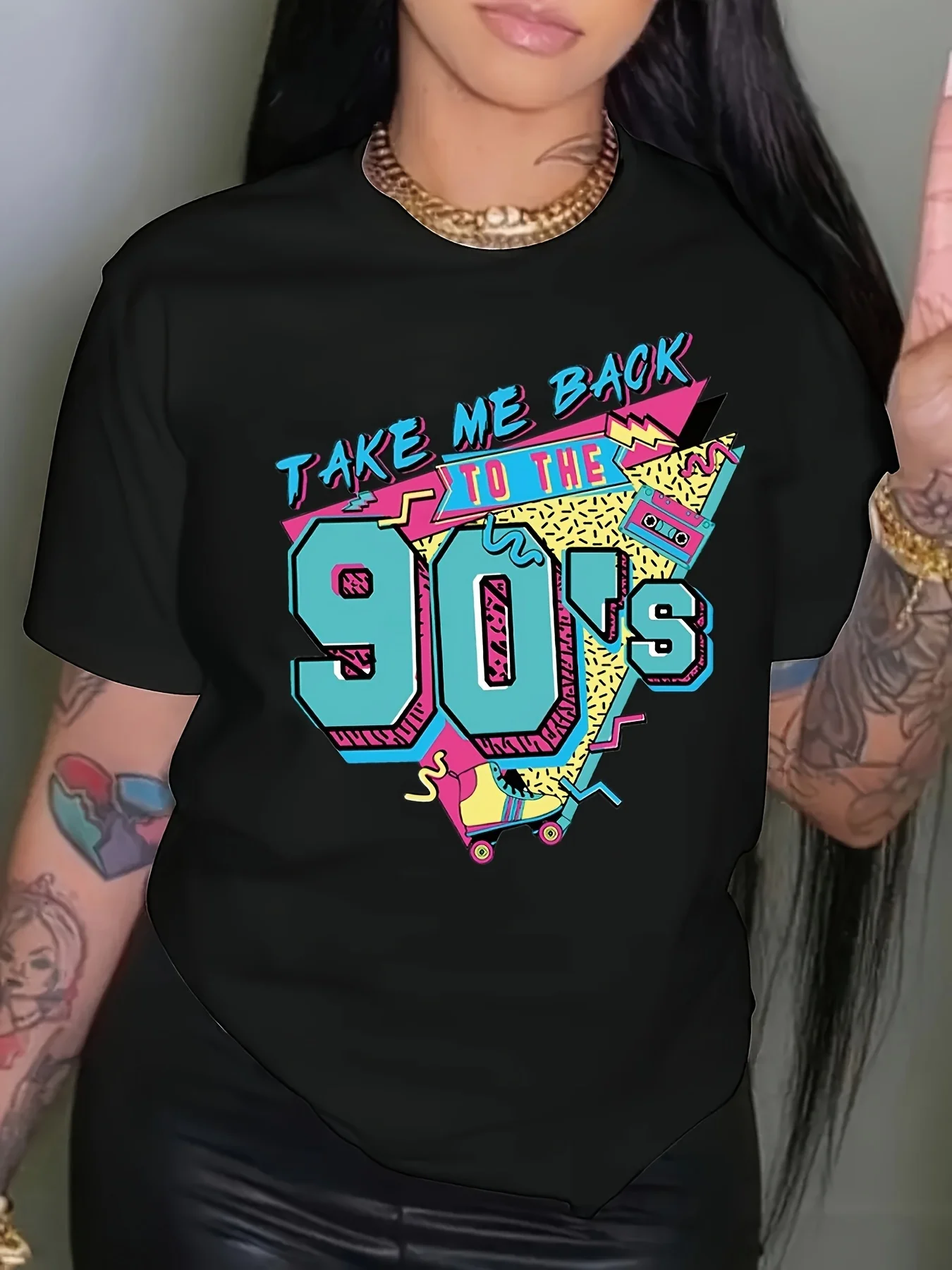 Women's Plus Size 90s Retro Graphic T-Shirt "Take Me Back to the 90's" Vintage Slogan & Geometric Print Short Sleeve Round Neck