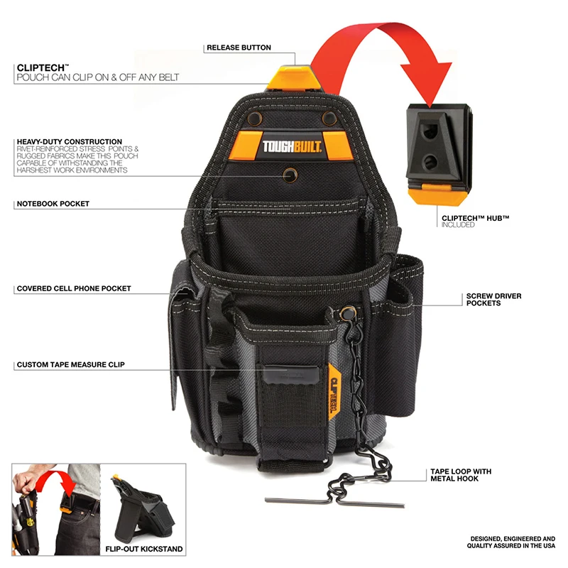 Tool Kit TOUGHBUILT TB-CT-34 Small Electrician Pouch Adjustable 13 Pockets Rugged 6-Layer Construction Storage
