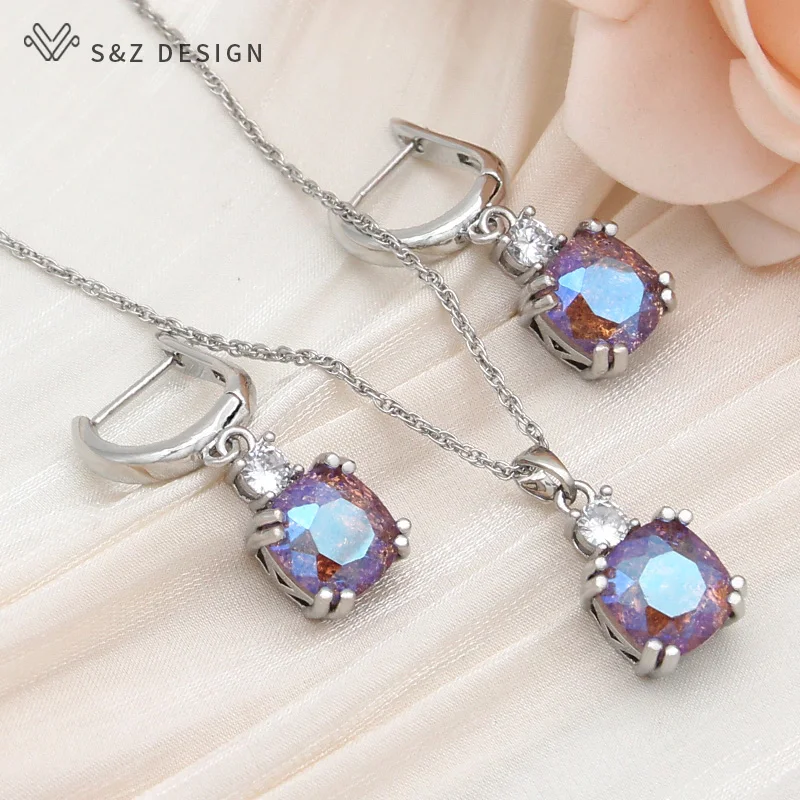S&Z DESIGN New Fashion Maillard Autumn Winter Orange Square Crystal Jewelry Sets For Women 585 Rose Gold Color Drop Earrings
