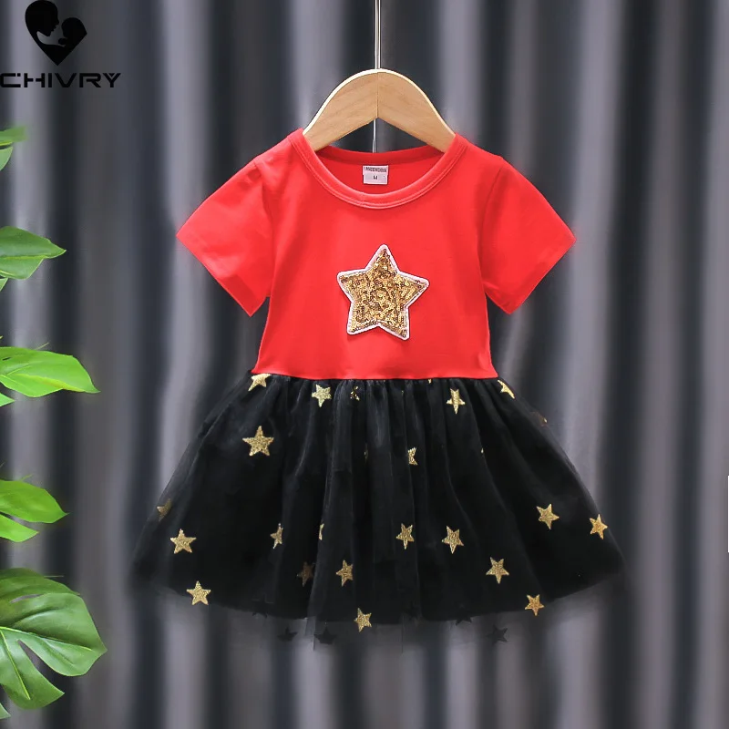 

Girls Dresses Summer 2022 Kids Baby Girls Short Sleeve O-neck Gauze Patchwork A-line Dress Fashion Star Print Princess Dresses