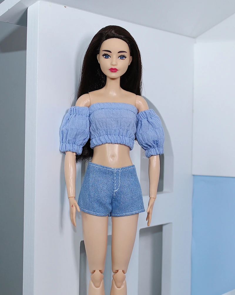 Azul moda roupas conjunto para barbie bonecas roupas de alta pescoço sem  mangas estrela imprimir curto topos longas calças lápis diy