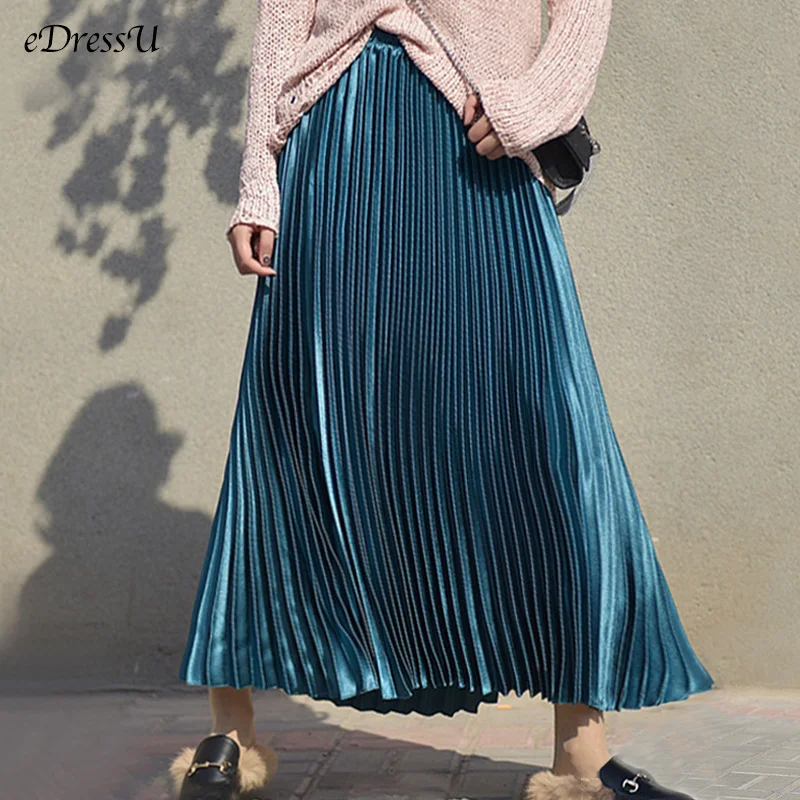 eDressU 2023 Woman Long Pleated Skirt Elegant A-line Shiny Gold High Quality Vintage Bottom HMS-9838 woman in gold