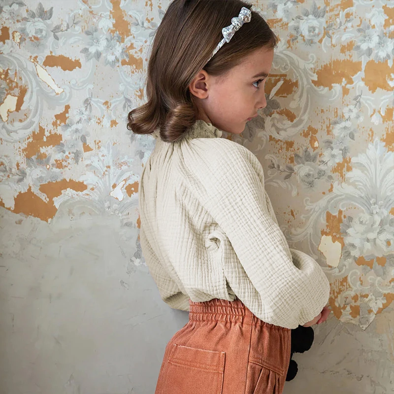 Kids Shirts 100% Cotton Double Gauze Skin-Friendly Girls' Blouse Autumn Casual Children's Shirts Pullover Long-Sleeved Blouses