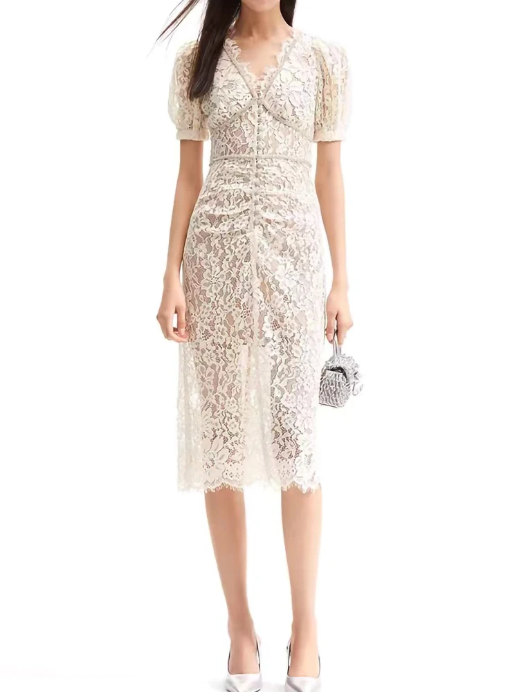 Victoria | Elegant Midi Dress with Lace-Up Back - Lumina