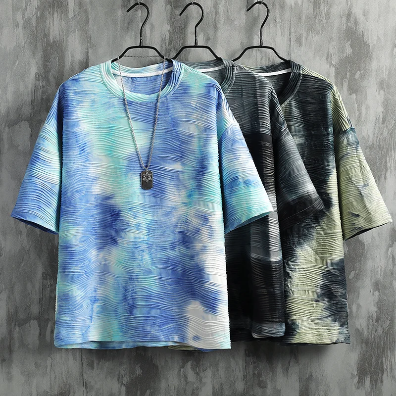 

2024 Men Summer Vintage Short Sleeve Loose T-shirts Men's Gradient Oversize Casual T Shirt Male Tie-dye Ice Silk Tops Tees G85