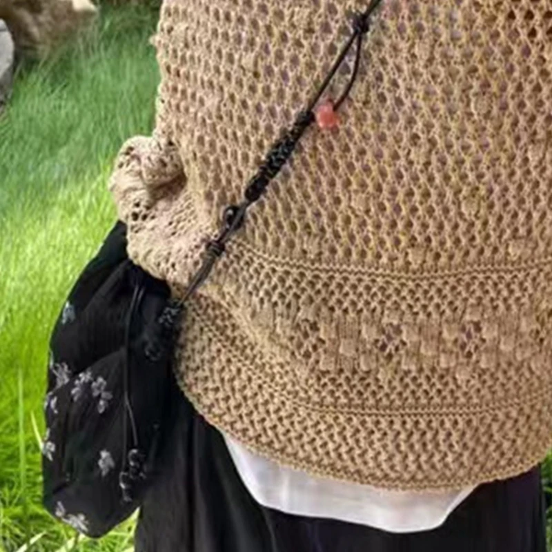 Women Drawstring Crossbody Bag Wovens Beaded Shoulder Bag Small Messengers Bag E74B