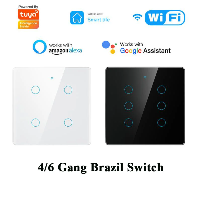 Tuya Wifi Smart Switch 4 X4 Brasile Touch Panel 4/6 Gang Light Switch Smart Home Tramite Smart Life Controllo Vocale Tramite Alexa Google