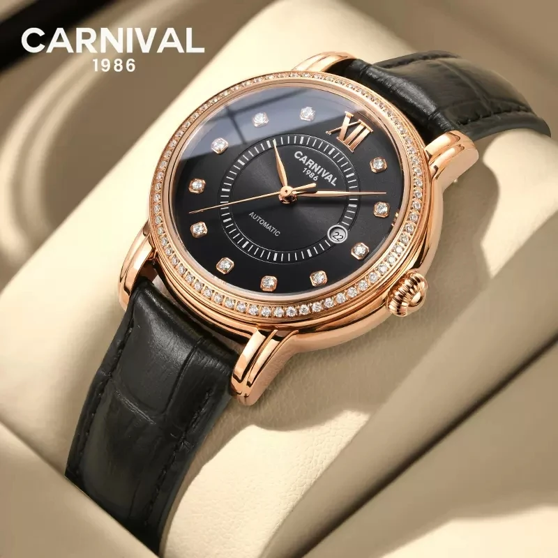 

CARNIVAL Top Brand Fashion Ladies Watch Leather Band Automatic Mechanical Female Wrist Watch Ladies Gifts Clock Relogio