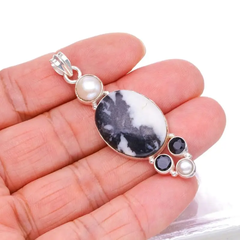 

StarGems Natural Pinolith Jasper&Black Onyx And River Pearl Handmade 925 Sterling Silver Pendant 2 1/4" F6510