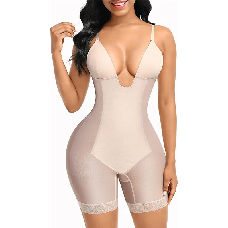 

Plus Size 3XL Shapewear for Women Tummy Control Seamless Faja Mesh Built-in Bra Back Open Crotch Lace Body Shaper with U Plunge