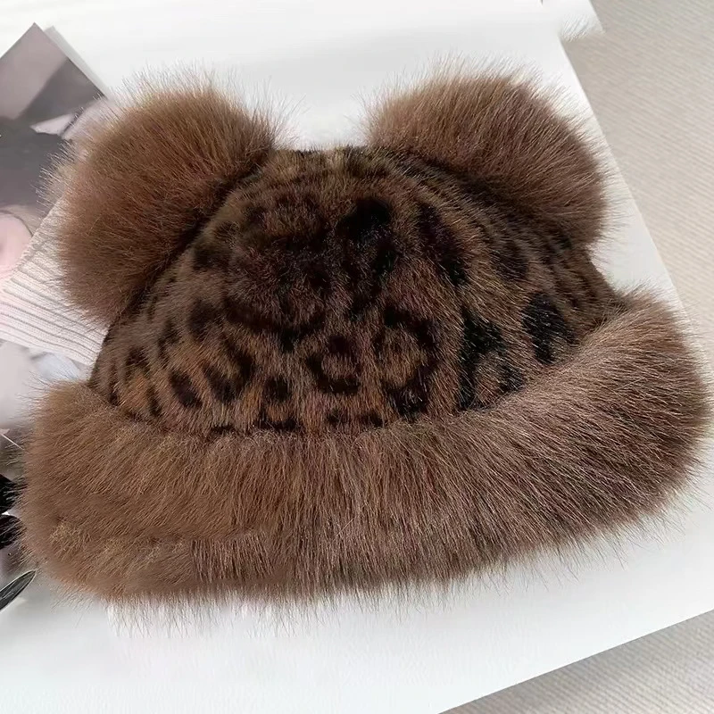 Retro Leopard Plush Ears Bucket Hat Thicken Plush Warm Fur Hat For Women Cold Snowy Day Panama Cap Plush Windproof Fisherman Hat