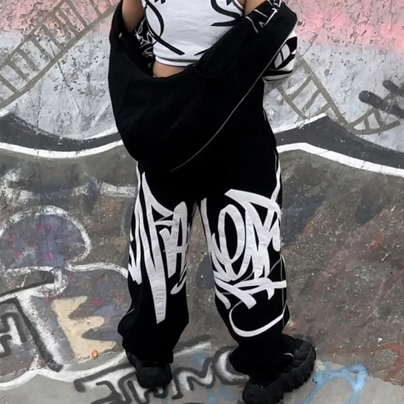 

Y2k Hip Hop Goth Retro Graphic Rhinestone Bubble Print Autumn Elastic Drawstr Oversized Pants Women Men Black Trousers Sweatpant