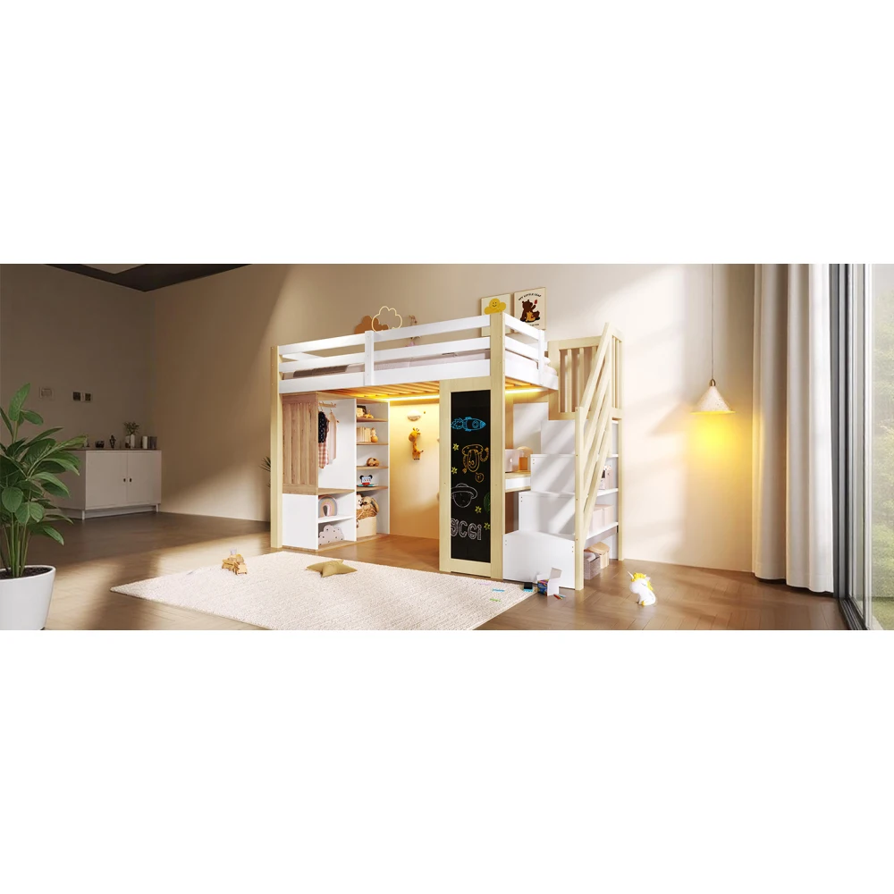 90*200cm Kinderbett mit Schreibtisch, Regalen und Kleiderschrank, Leiter, integrierte LED-Beleuchtung – Multifunktionsbett ohne Matratze – Detail 17