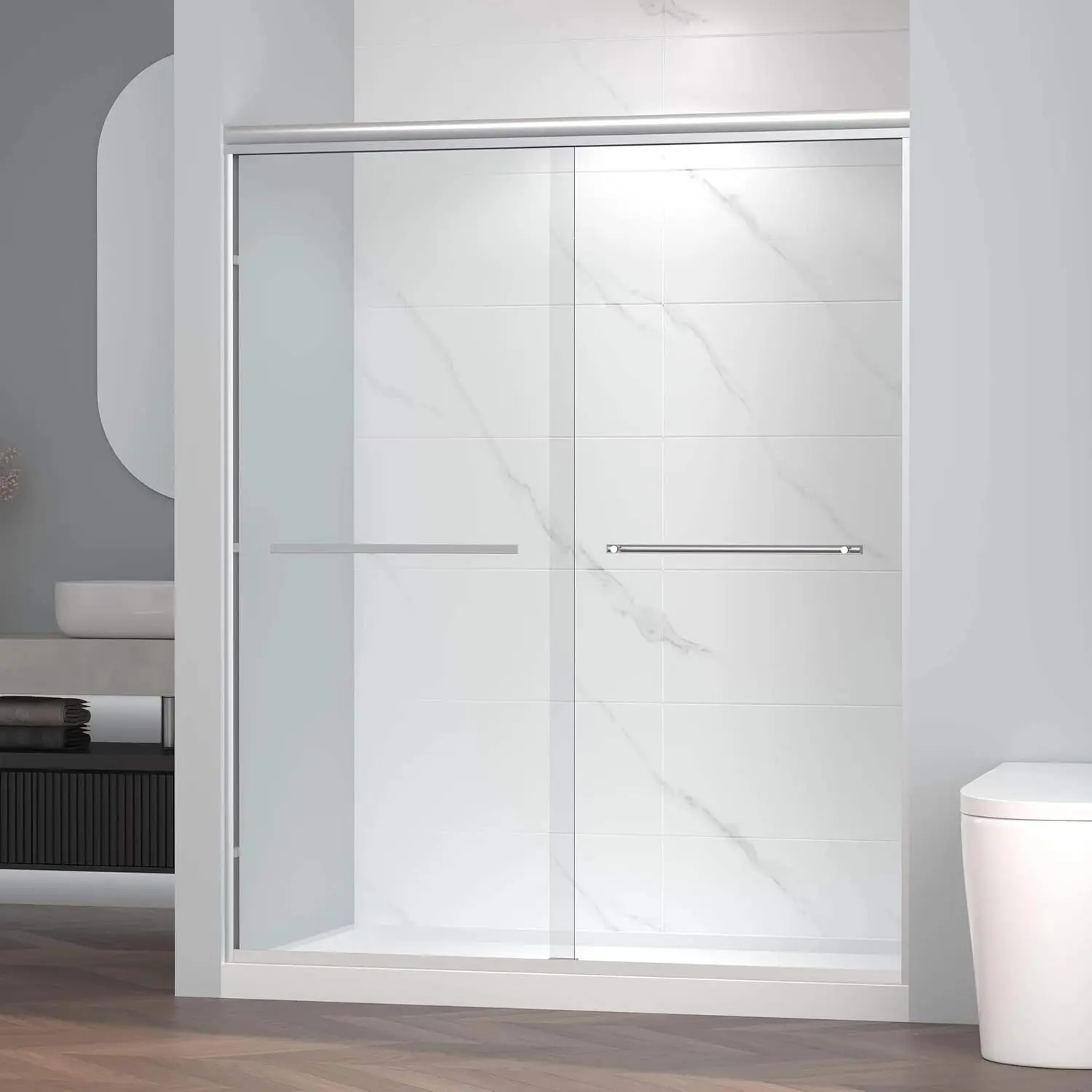 Shower Doors 56-60" W X 72" H Semi Frame Double Sliding Bathroom Glass Shower Door,  SGCC Tempered Glass, Chrome Finish 2