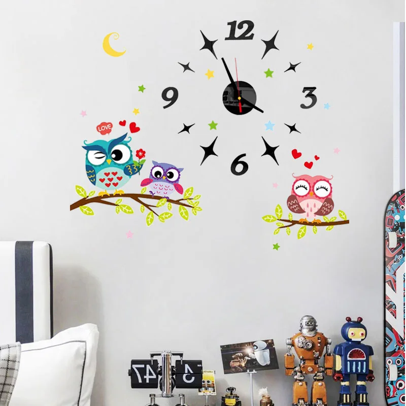 2022 Children'S Room 3D Diy Wall Clock Modern Home Decoration Owl Art Sticker Decal Acrylic Quartz Watch Living Wall Clocks