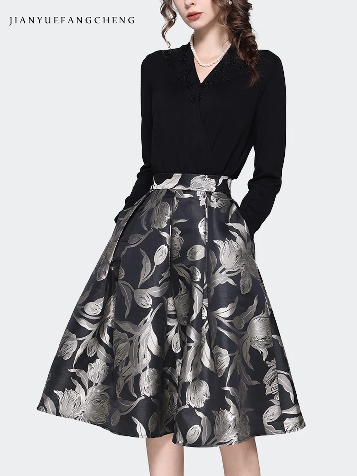 Women Grey Floral Mid-length Skirt 2024 Spring New HIgh