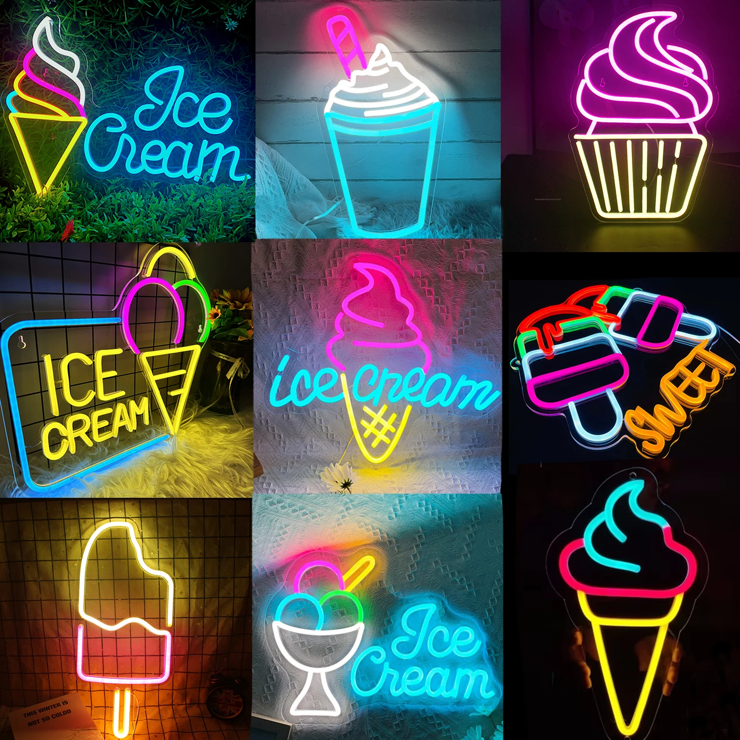 

Ineonlife Personalized Custom LED Neon Sign Ice Cream Party Home Room Store Mall Restaurant Studio Wall Decor Creaitve USB Light