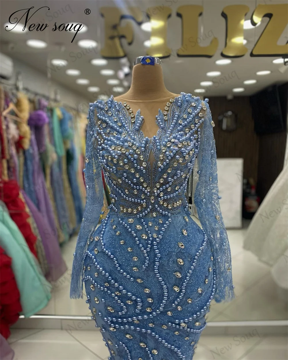 Two Pieces Blue Mermaid Evening Dresses O Neck Long Sleeves Elegant Birthday Engagement Dress Arabic Dubai Beading Party Gowns