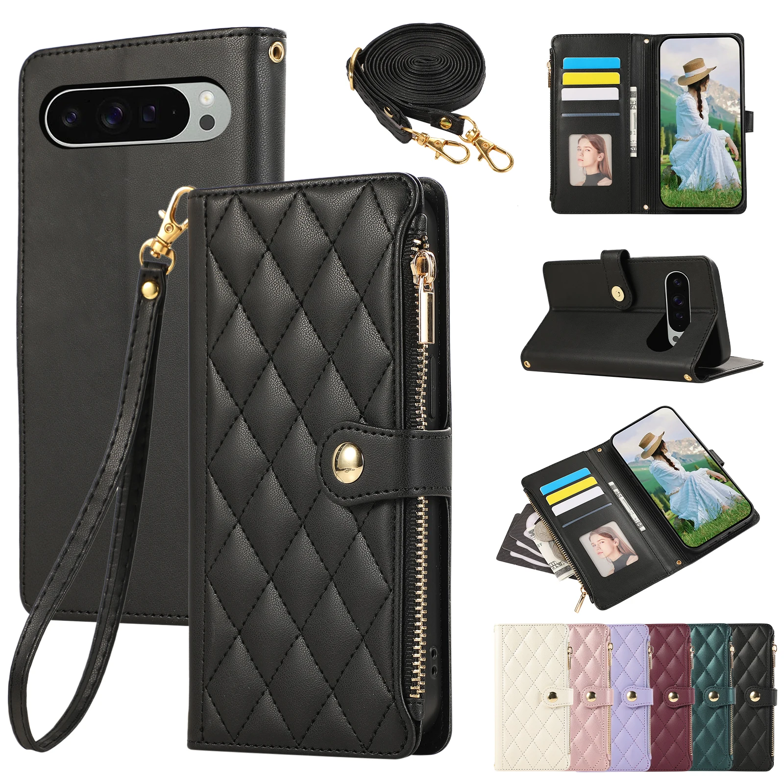Crossbody Leather Flip Wallet Case with Lanyard, Zipper, and Kickstand