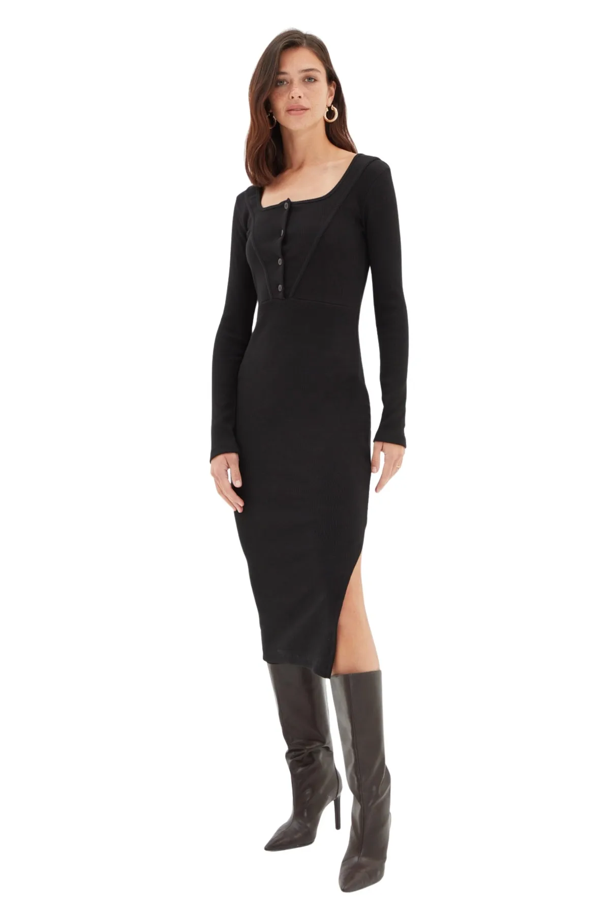 Trendyol-Robe droite mi-longue à manches longues pour femmes et filles, tenue décontractée et slim