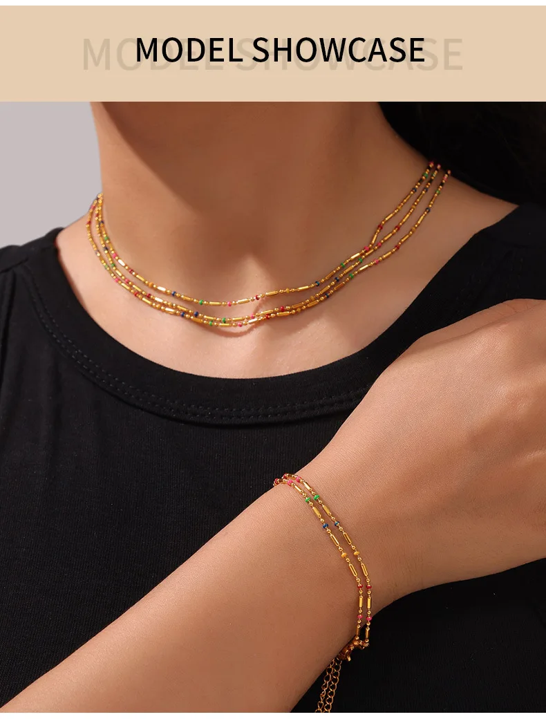 Buntes Emaille-Perlenketten-Set: Halskette, Armband und Fußkettchen für Damen, Modischer Edelstahl, Vergoldet, Wasserfest, Schmuckgeschenk – Detail 3