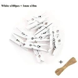 Mini Wood Clothespins with Hemp Rope for Crafts and Photo Displays, Pack of 50 (White)