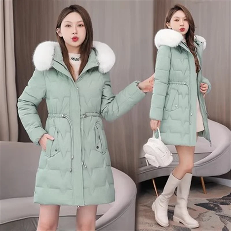 2024 Winter Women New Korean Down Cotton Coat  Warm Cardigan  Female Medium Length Loose Thickened Waistband Slim Cotton Jacket