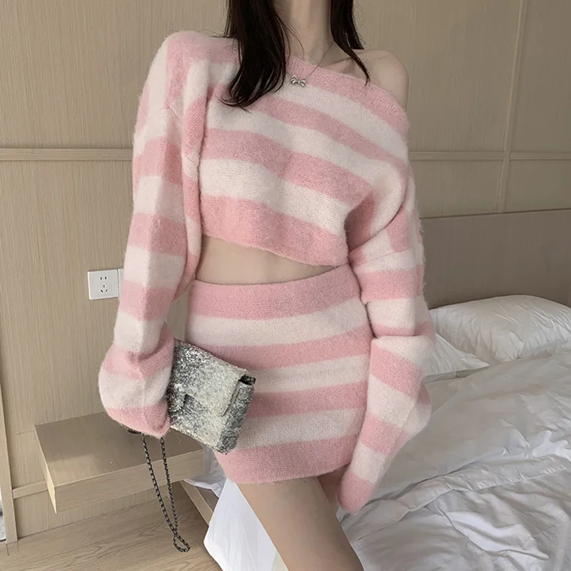 Autumn Striped Two-piece Skirt Set Women Long Sleeve Cropped Off Shoulder Top Bodycon Mini Skirt Korean Fashion Suits New