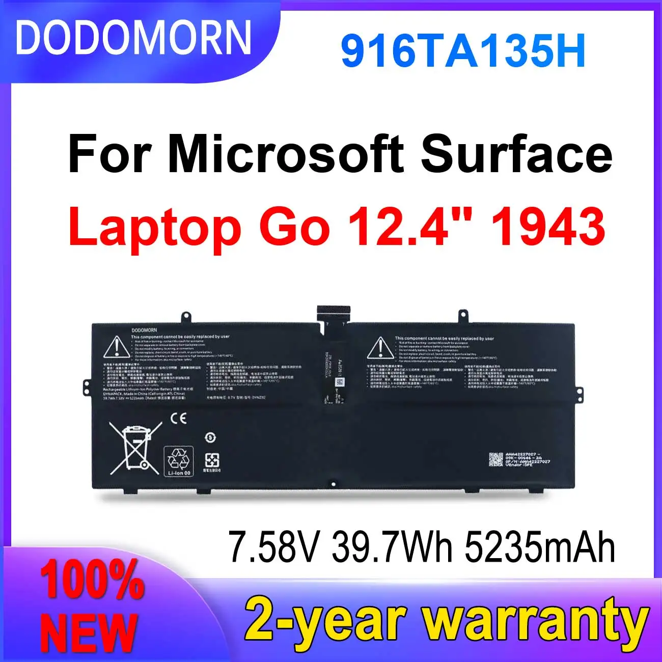 Dodomorn Nova 916ta135h Bateria para Microsoft Surface go 1943 124 Laptop 7.58v 5235mah 39.7wh Entrega Rápida