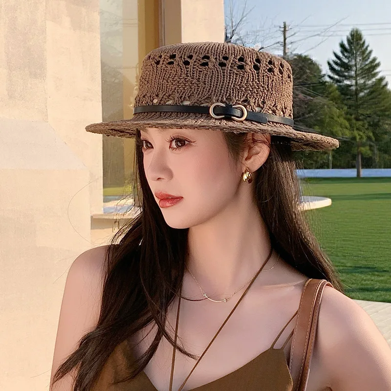 New Flat Top Sun Hat 2026 Delicate Weaving Straw Hat Summer Straw Hat Pearl New Elastic Ribbon Hat Sombreros Chapeau Femme