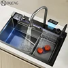 304 Stainless Steel Kitchen Sink Double Waterfall Single Slot Integrated Digital Display Faucet Set Soap dispenser Cup Washer 1